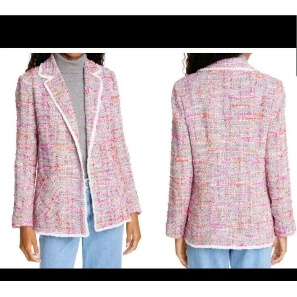 HELENE BERMAN London Pink-Multi Tweed‎ Open Front Cotton Blazer Jacket Size M